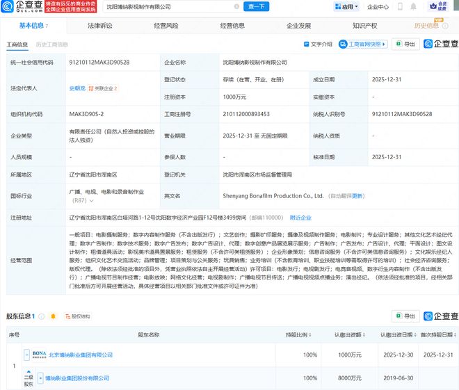 博纳影业落户沈阳，成立影视制作公司并拓展摄影扩印服务